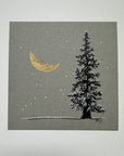 Snowy Tree 12 - Gold Crescent Moon and Single Tree on Gray Toned paper - 4"x4"