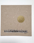 Snowy Tree 18 - Tiny Tree Line with Large Gold Moon on Tan Toned Paper - 4"x4"