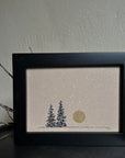 Snowy Tree 21 - Orion, Taurus and Pleiades with Gold Moon and Two Trees on Tan Toned Paper -5"x7"