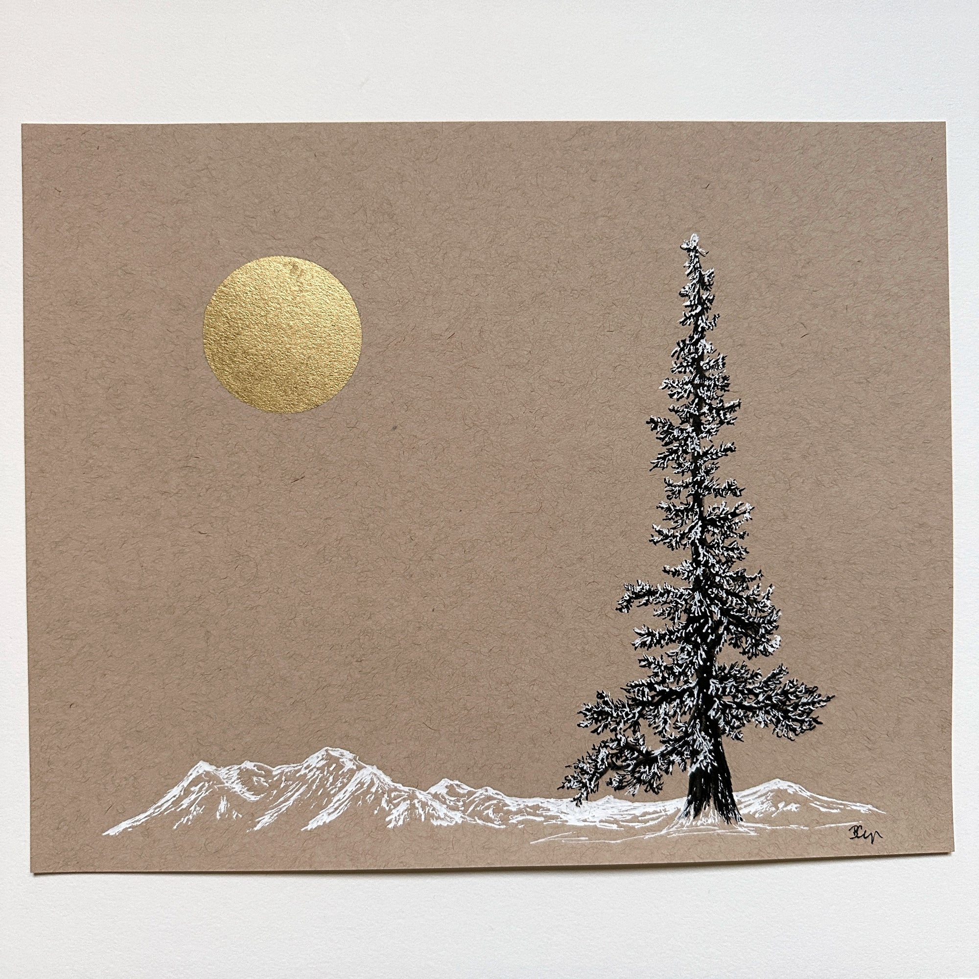 Snowy Tree 26 - Snowy Mountains with Tall Tree and Gold Moon on Tan Toned Paper - 8&quot;x10&quot;