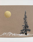 Snowy Tree 26 - Snowy Mountains with Tall Tree and Gold Moon on Tan Toned Paper - 8"x10"