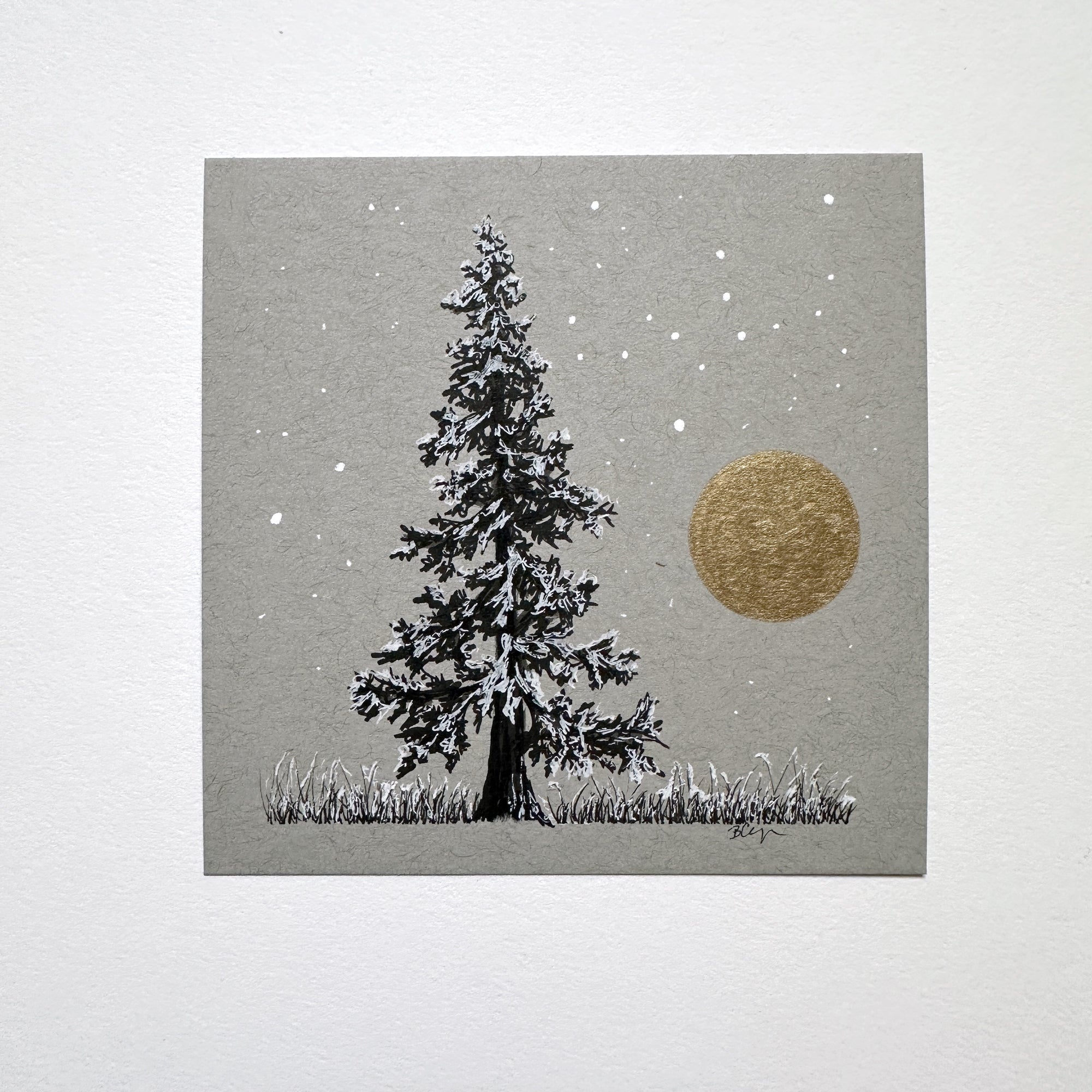 Snowy Tree 3 - Tree with Gold Moon and Snowy Grass on Gray Toned Paper - 4&quot;x4&quot;