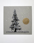 Snowy Tree 3 - Tree with Gold Moon and Snowy Grass on Gray Toned Paper - 4"x4"