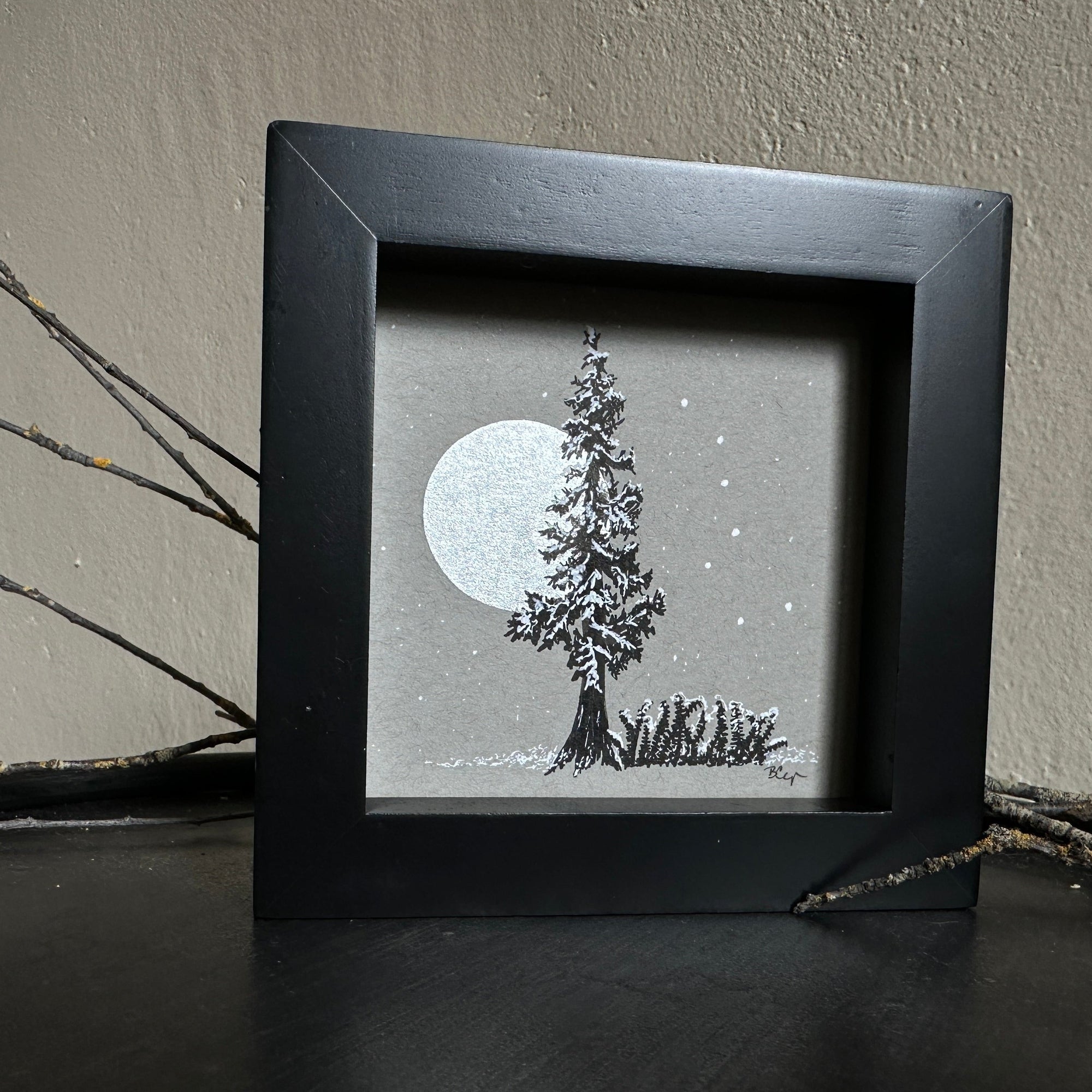 Snowy Tree 2 - Tree with Silver Moon, Ferns and Big Dipper on Gray Toned Paper - 4&quot;x4&quot;