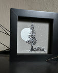 Snowy Tree 2 - Tree with Silver Moon, Ferns and Big Dipper on Gray Toned Paper - 4"x4"