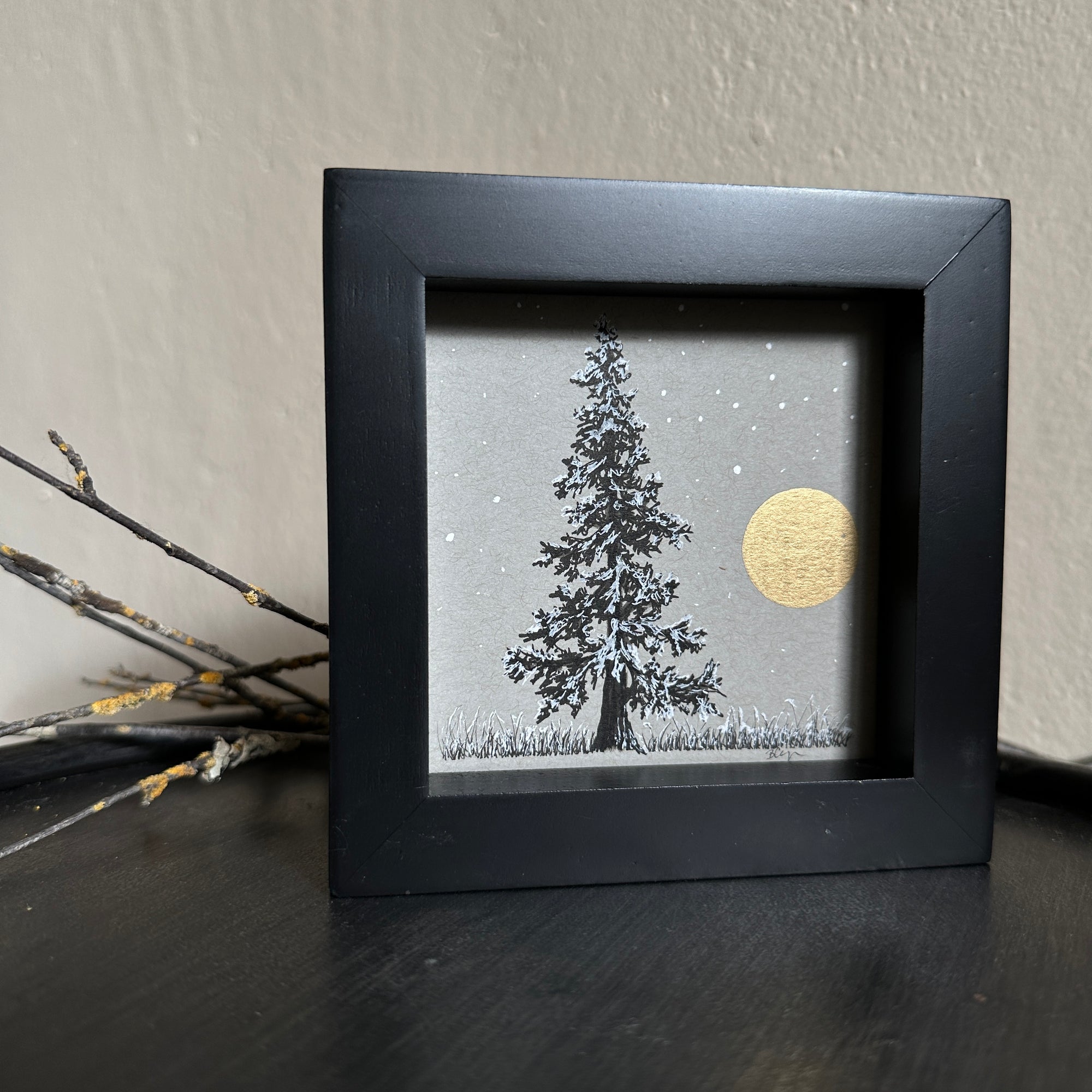 Snowy Tree 3 - Tree with Gold Moon and Snowy Grass on Gray Toned Paper - 4&quot;x4&quot;