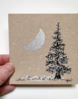 Snowy Tree 8 - Crescent Moon with Single Tree and Mountains on Tan Toned Paper - 4"x4"