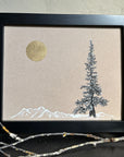 Snowy Tree 26 - Snowy Mountains with Tall Tree and Gold Moon on Tan Toned Paper - 8"x10"