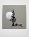 Snowy Tree 2 - Tree with Silver Moon, Ferns and Big Dipper on Gray Toned Paper - 4"x4"