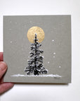 Snowy Tree 16 - Single Tree and Golden Moon on Gray Toned paper - 4"x4"