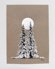 Snowy Tree 20 - Silver Moon with Two Very Snow Laden Trees on Tan Toned Paper - 5"x7"