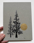 Snowy Tree 25 - Two Tall Trees and Gold Moon on Gray Toned paper - 6”x8”