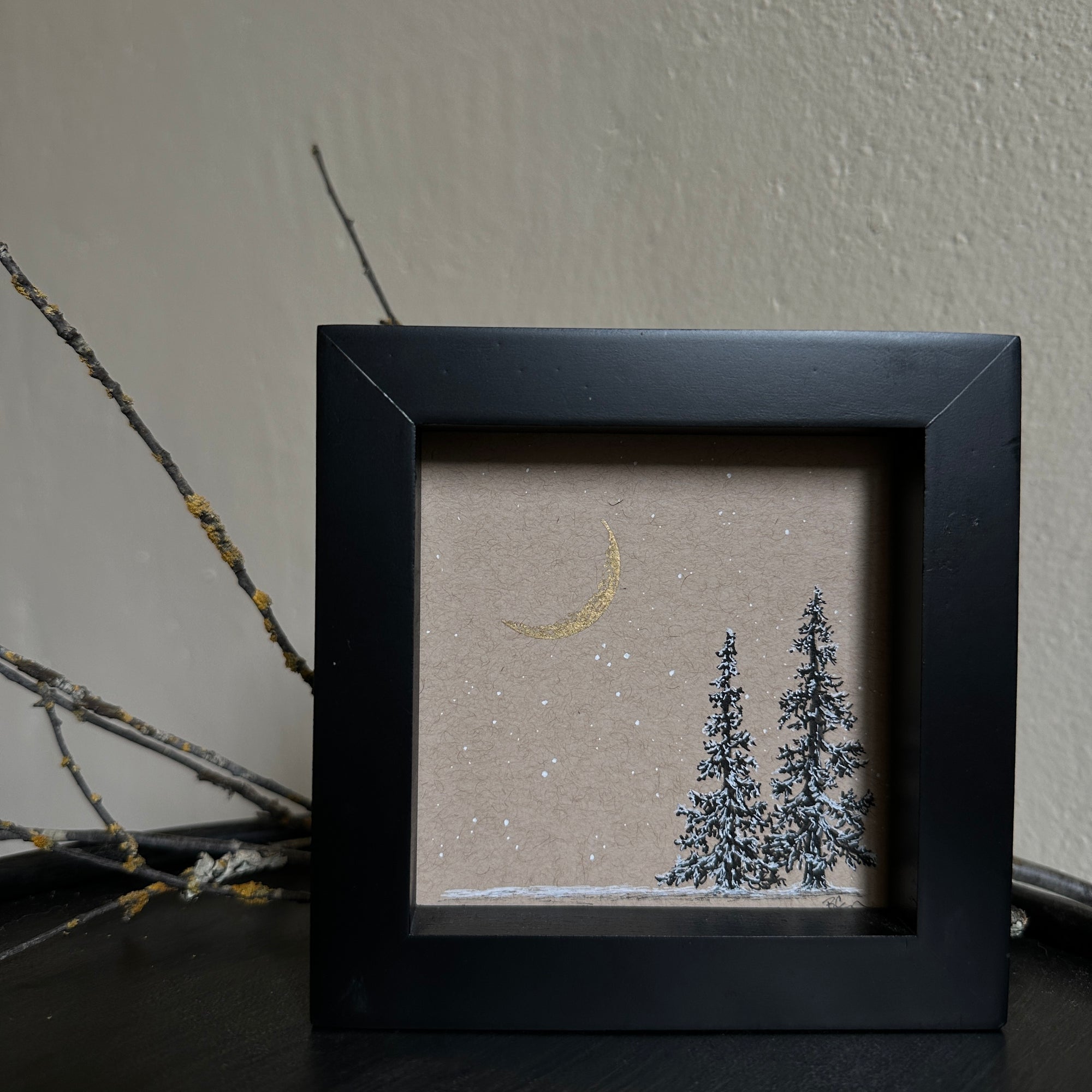 Snowy Tree 10 - Double Tree with Gold Crescent Moon on Tan Toned Paper - 4&quot;x4&quot;