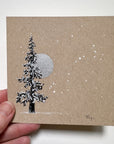 Snowy Tree 13 - Single Tree with Silver Moon on Tan Toned Paper - 4"x4"