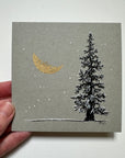 Snowy Tree 12 - Gold Crescent Moon and Single Tree on Gray Toned paper - 4"x4"