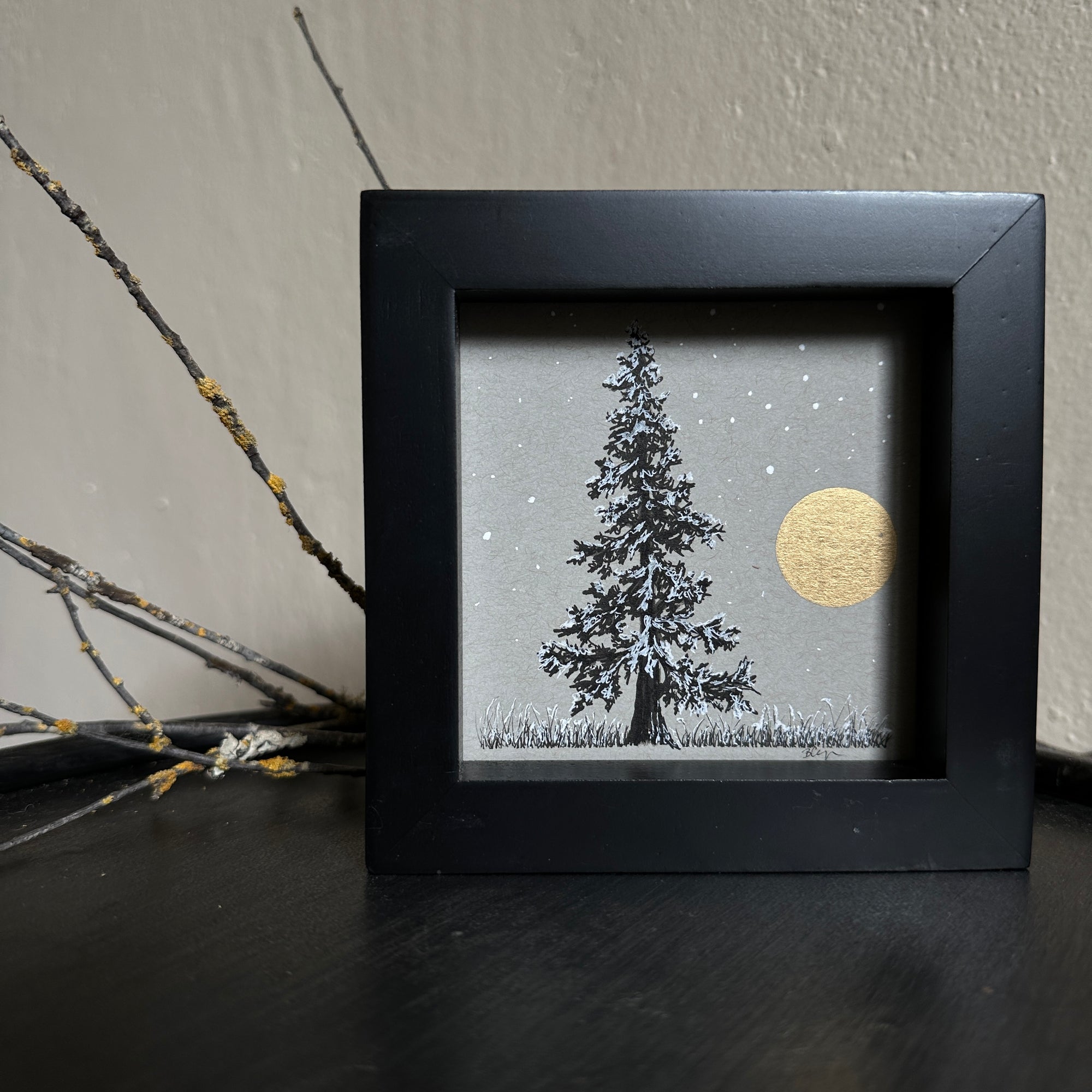 Snowy Tree 3 - Tree with Gold Moon and Snowy Grass on Gray Toned Paper - 4&quot;x4&quot;