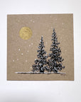 Snowy Tree 17 - Cygnus Constellation with Two Trees and Golden Moon on Tan Toned Paper - 4"x4"