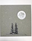 Snowy Tree 9 - Double Tree with Big Silver Moon on Gray Toned Paper - 4"x4"