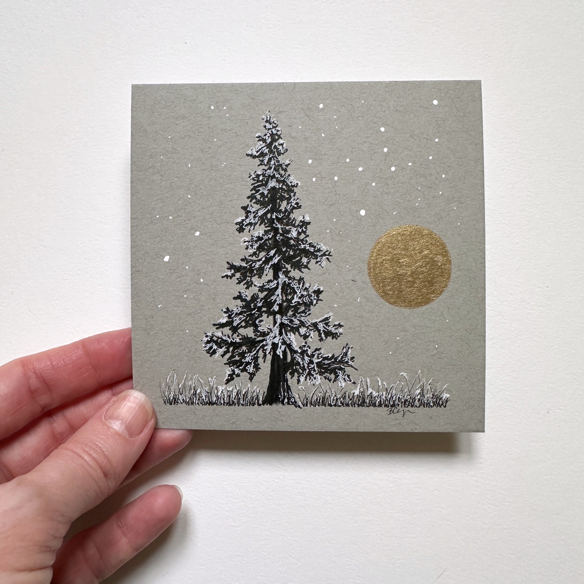 Snowy Tree 3 - Tree with Gold Moon and Snowy Grass on Gray Toned Paper - 4&quot;x4&quot;