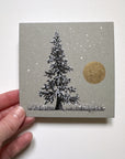 Snowy Tree 3 - Tree with Gold Moon and Snowy Grass on Gray Toned Paper - 4"x4"