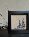 Snowy Tree 17 - Cygnus Constellation with Two Trees and Golden Moon on Tan Toned Paper - 4"x4"