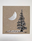 Snowy Tree 8 - Crescent Moon with Single Tree and Mountains on Tan Toned Paper - 4"x4"