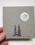 Snowy Tree 9 - Double Tree with Big Silver Moon on Gray Toned Paper - 4"x4"