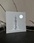 Snowy Tree 4 - Silver Moon, Cassiopeia and a Very Snow Laden Tree on Gray Tone Paper 4"x4"