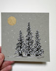 Snowy Tree 14 - Triple Trees and Gold Moon on Gray Toned Paper 4"x4"