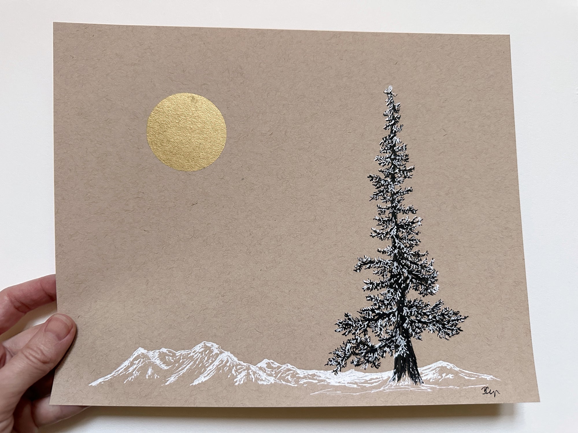 Snowy Tree 26 - Snowy Mountains with Tall Tree and Gold Moon on Tan Toned Paper - 8&quot;x10&quot;