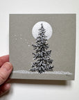 Snowy Tree 6 - Silver Moon and the Little Dipper with a Single Tree on Gray Toned Paper - 4"x4"