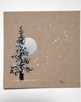 Snowy Tree 13 - Single Tree with Silver Moon on Tan Toned Paper - 4"x4"