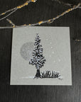 Snowy Tree 2 - Tree with Silver Moon, Ferns and Big Dipper on Gray Toned Paper - 4"x4"