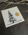 Snowy Tree 3 - Tree with Gold Moon and Snowy Grass on Gray Toned Paper - 4"x4"