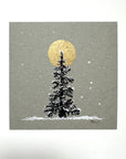 Snowy Tree 16 - Single Tree and Golden Moon on Gray Toned paper - 4"x4"