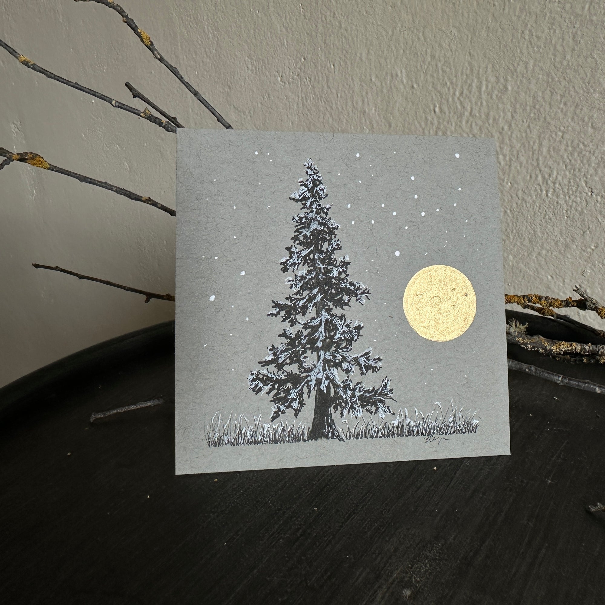 Snowy Tree 3 - Tree with Gold Moon and Snowy Grass on Gray Toned Paper - 4&quot;x4&quot;