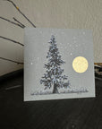 Snowy Tree 3 - Tree with Gold Moon and Snowy Grass on Gray Toned Paper - 4"x4"