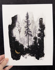 Beauty in the Upside Down - Foggy Forest and Crescent Moon - 8x10 Original Drawing - Ready to Ship