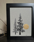 Snowy Tree 25 - Two Tall Trees and Gold Moon on Gray Toned paper - 6”x8”