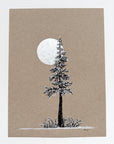 Snowy Tree 23 - Silver Moon, Ferns and a Single Tree on Tan Toned Paper 6"x8"