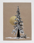 Snowy Tree 24 - Tall Tree with Gold Moon and Ferns on Tan Toned paper - 6"x8"