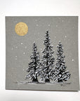 Snowy Tree 14 - Triple Trees and Gold Moon on Gray Toned Paper 4"x4"