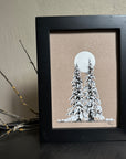 Snowy Tree 20 - Silver Moon with Two Very Snow Laden Trees on Tan Toned Paper - 5"x7"