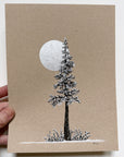 Snowy Tree 23 - Silver Moon, Ferns and a Single Tree on Tan Toned Paper 6"x8"