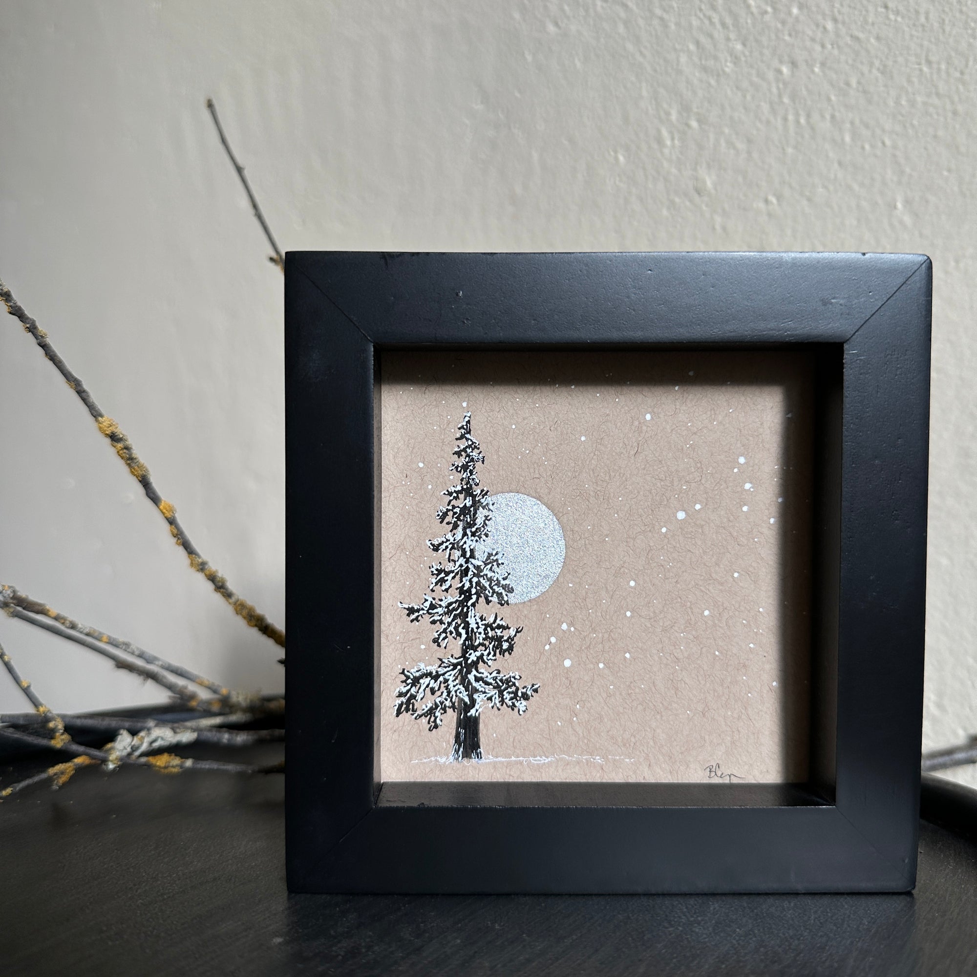 Snowy Tree 13 - Single Tree with Silver Moon on Tan Toned Paper - 4&quot;x4&quot;