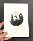 Hawk Silhouette - Circle Landscape - Pen and Ink Drawing - Print to Order