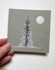 Snowy Tree 4 - Silver Moon, Cassiopeia and a Very Snow Laden Tree on Gray Tone Paper 4"x4"