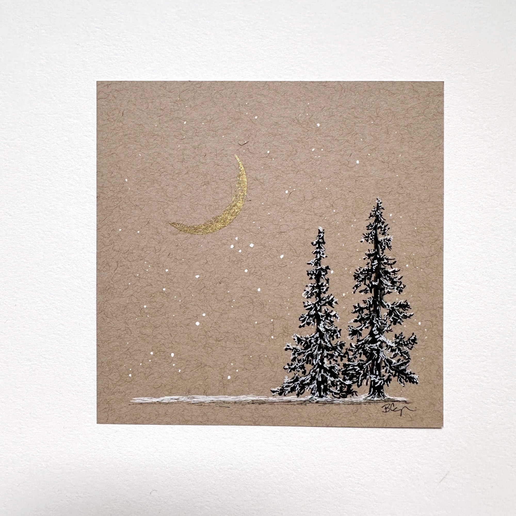 Snowy Tree 10 - Double Tree with Gold Crescent Moon on Tan Toned Paper - 4&quot;x4&quot;