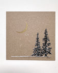 Snowy Tree 10 - Double Tree with Gold Crescent Moon on Tan Toned Paper - 4"x4"