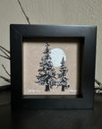 Snowy Tree 1 - Double Tree and Silver Moon on Tan Toned Paper - 4"x4"